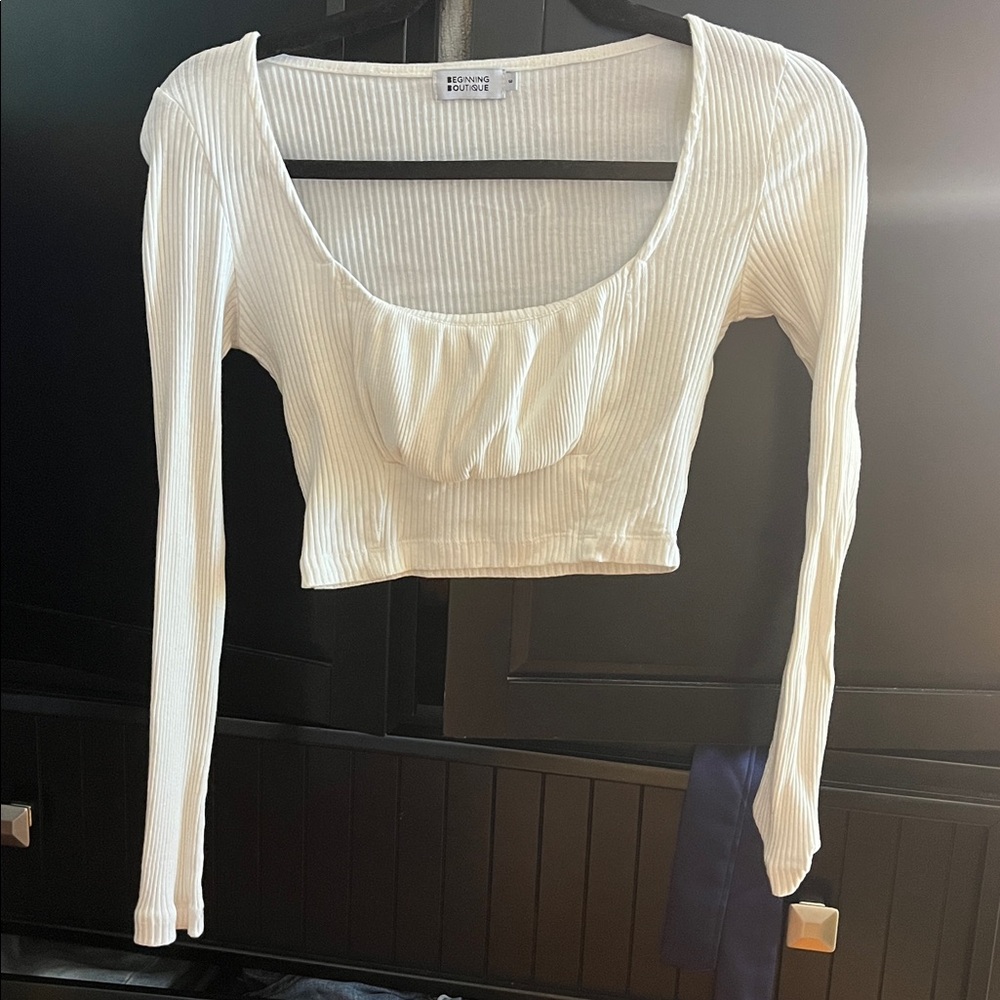 White Long Sleeve Ribbed Crop Top